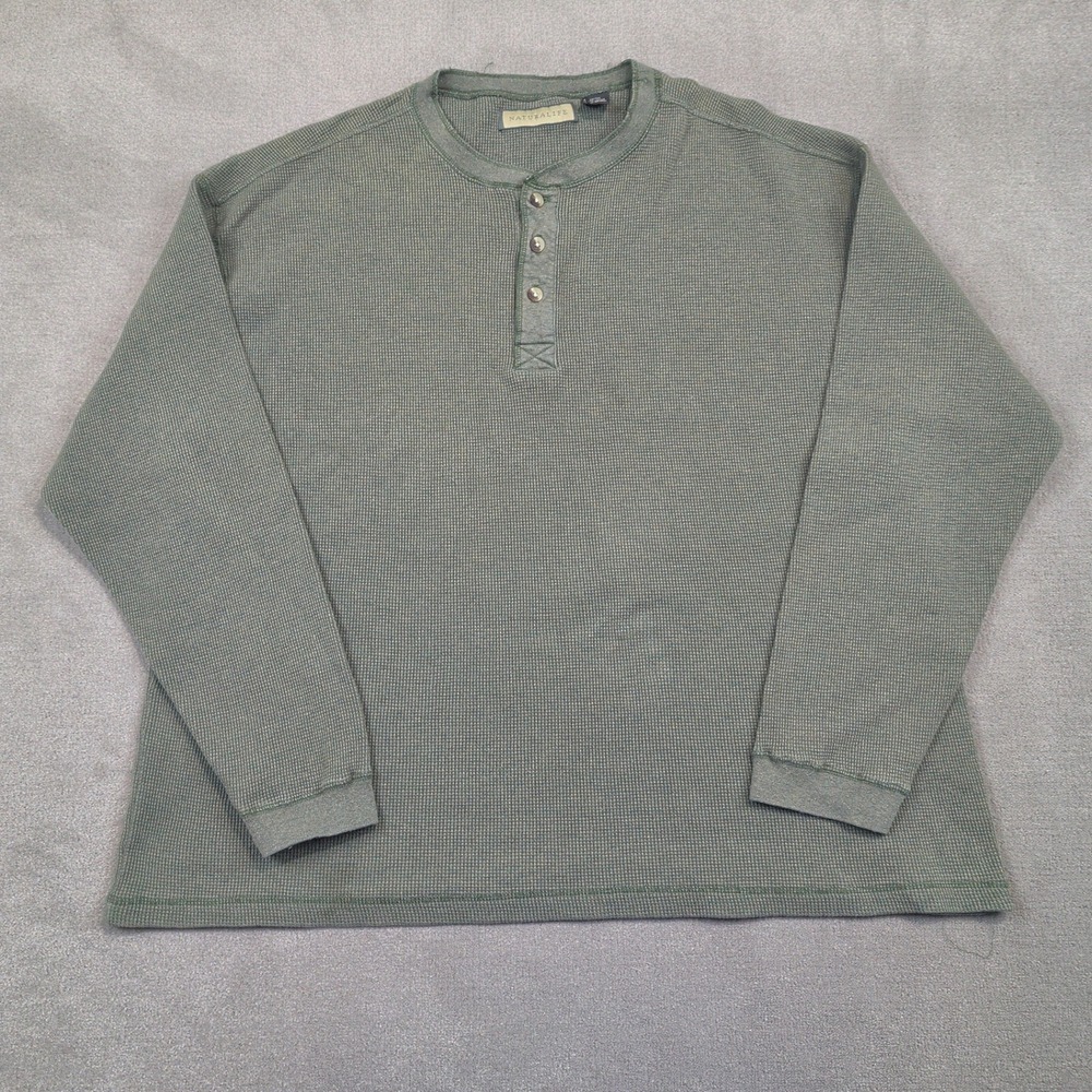 Vintage Naturalife Henley Shirt Mens XXL Green Long Sleeve Waffle Knit Thermal